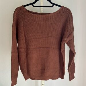 Brown Ribbed Knit Wide Neck Drop Sleeve Sweater + Knit Jogger Set, Size S